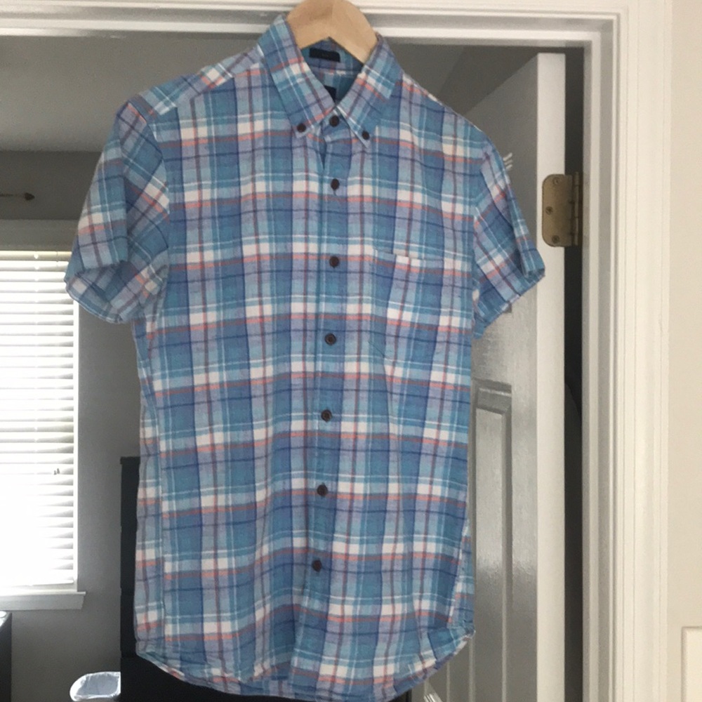 J Crew S short sleeve button down plaid teal/ blue